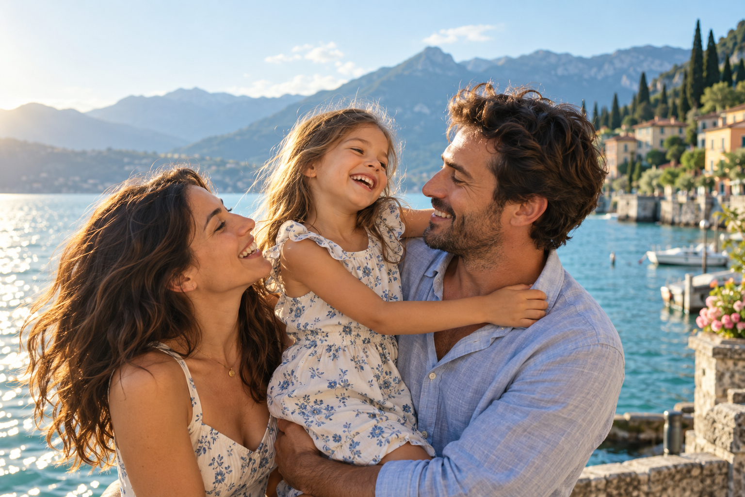 Una famiglia ride insieme in riva al lago