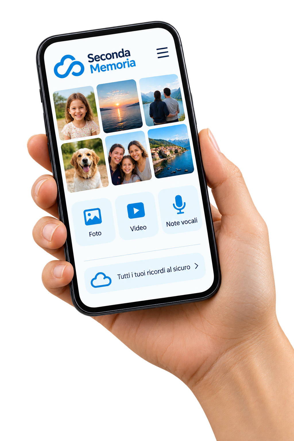 Una mano tiene uno smartphone con una galleria di foto, video e note vocali Seconda Memoria
