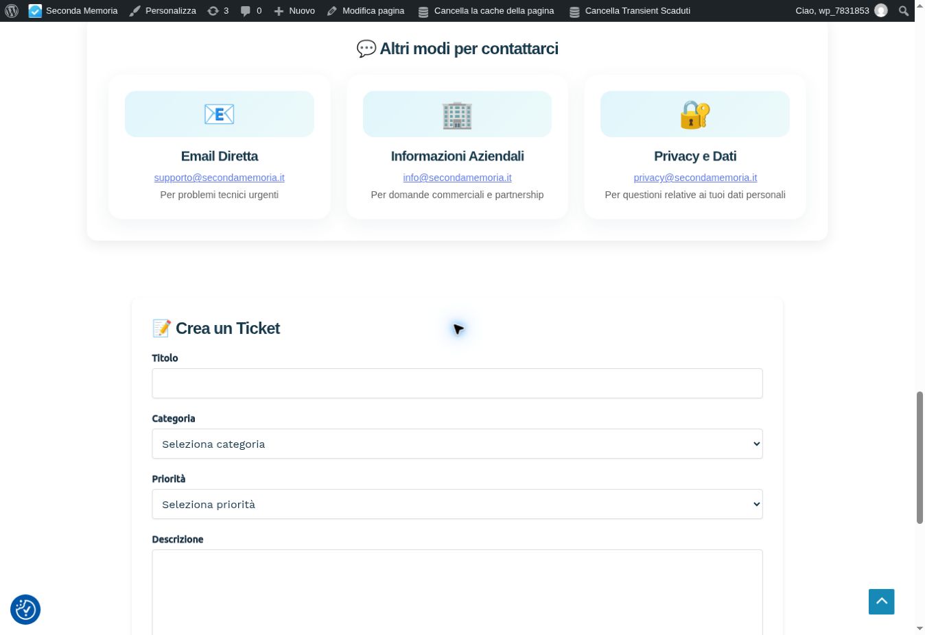 Nella pagina Supporto trovi anche il contatto Privacy e Dati per domande sul trattamento dei dati personali.